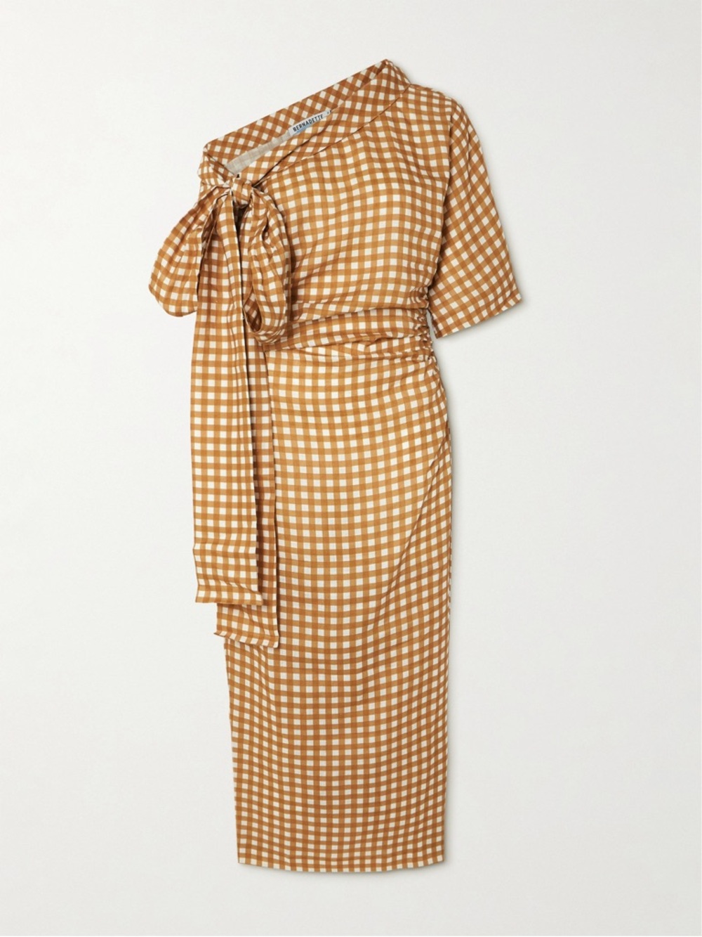 Bernadette Gingham Tie-Neck Midi Dress in Camel White